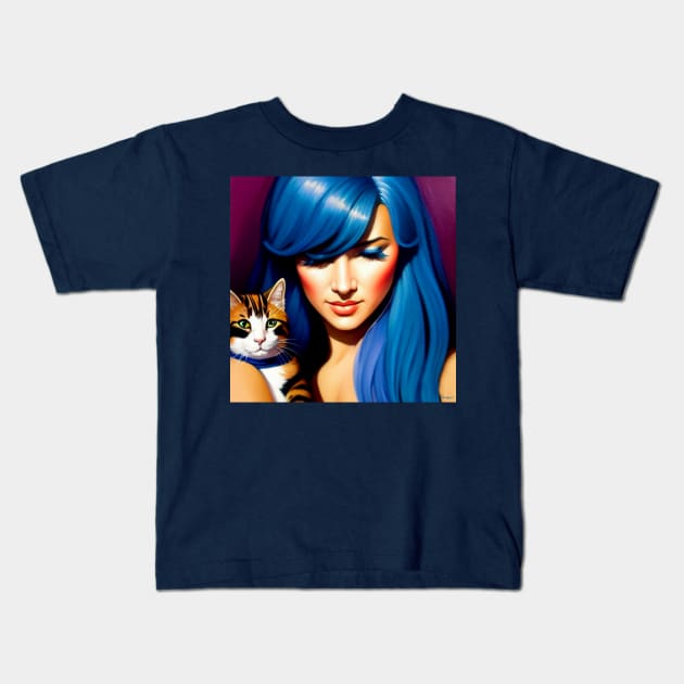 A Portrait of a Blue Hair Woman and Her Cat Kids T-Shirt by VespersEmporium